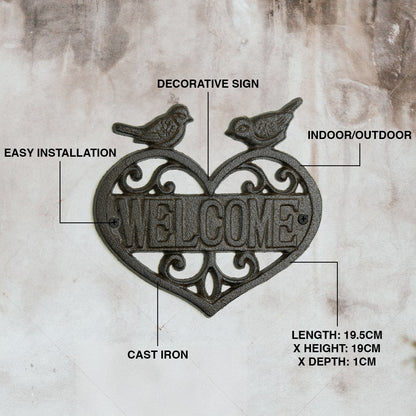 Woodside Decorative Cast Iron Heart Shape Wall Mounted Garden/Home Welcome Sign