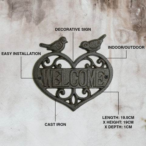 Woodside Decorative Cast Iron Heart Shape Wall Mounted Garden/Home Welcome Sign