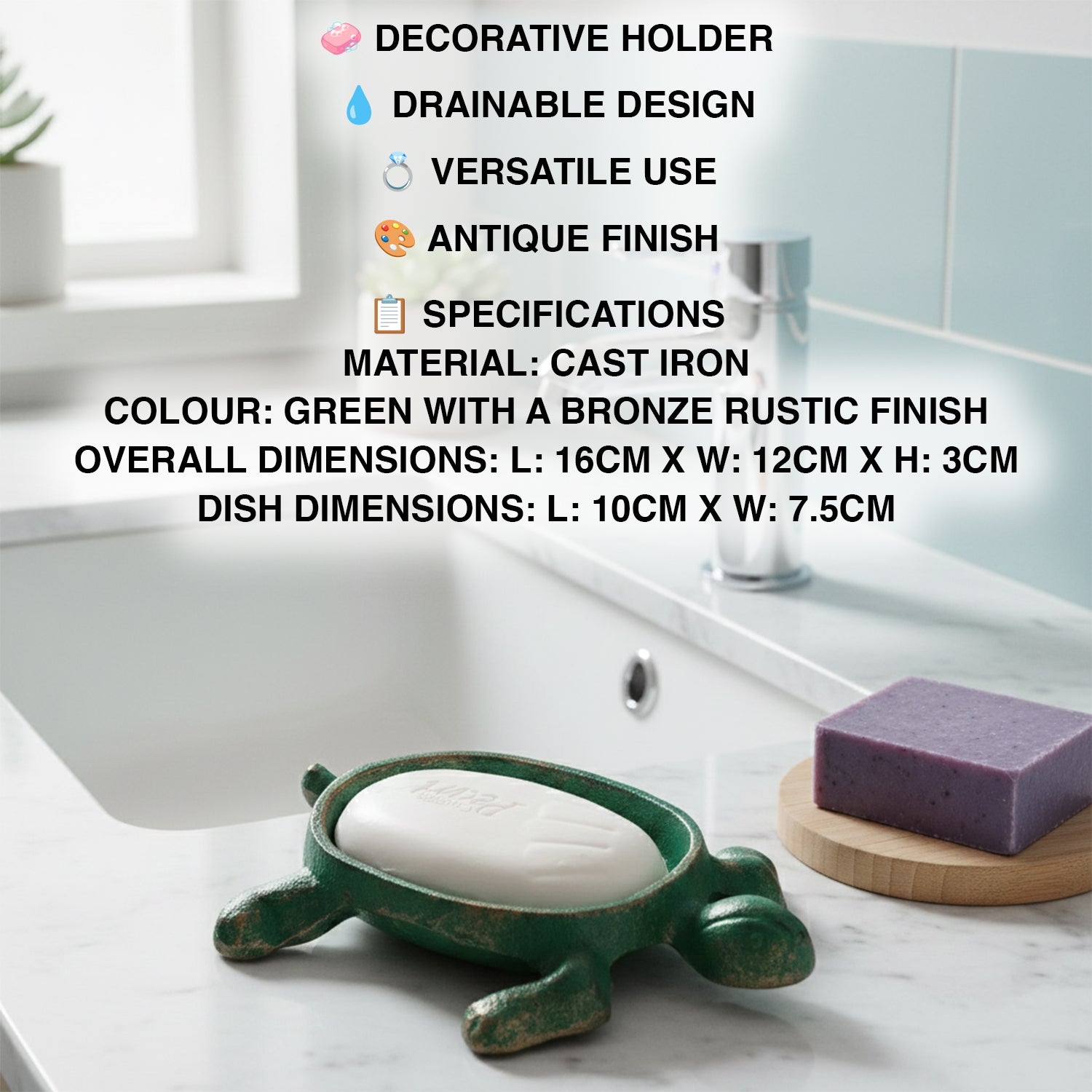 Woodside Decorative Tortoise/Turtle Shaped Cast Iron Soap Dish Holder Tray, Antique/Rustic