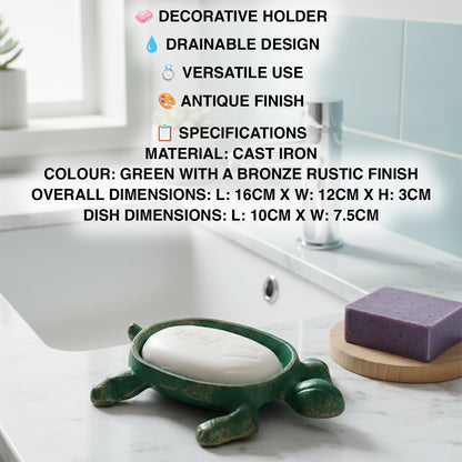 Woodside Decorative Tortoise/Turtle Shaped Cast Iron Soap Dish Holder Tray, Antique/Rustic