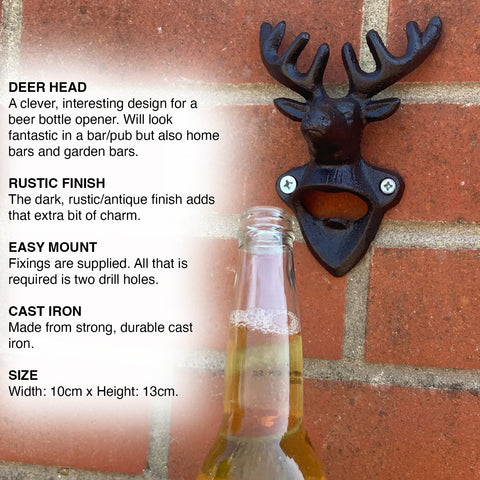 Woodside Wall Mounted Cast Iron Deer Head Beer Bottle Opener, Rustic/Antique