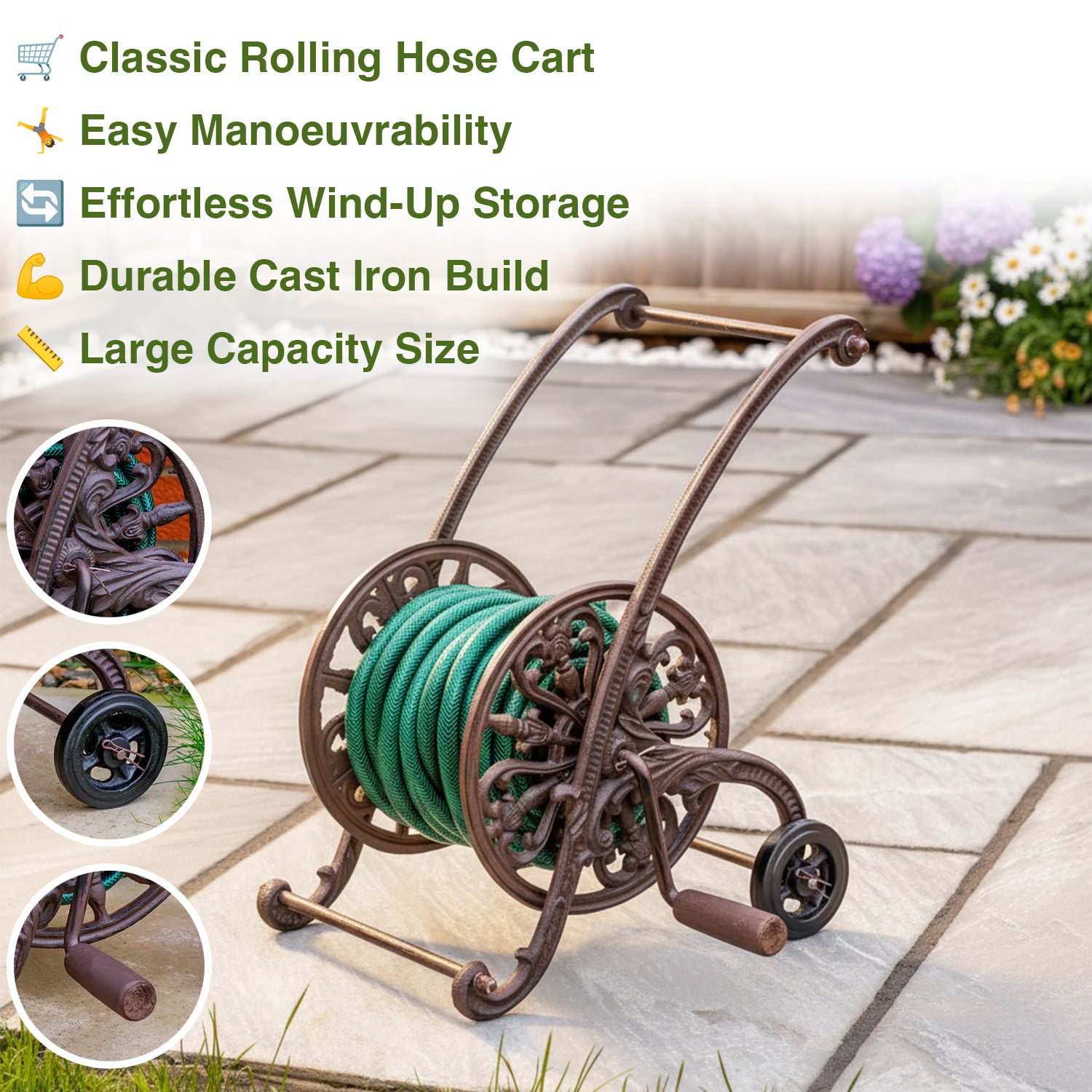 Woodside Cast Iron Garden Water Hose Reel with Wind Up Handle & Wheels, 30m Hose Capacity