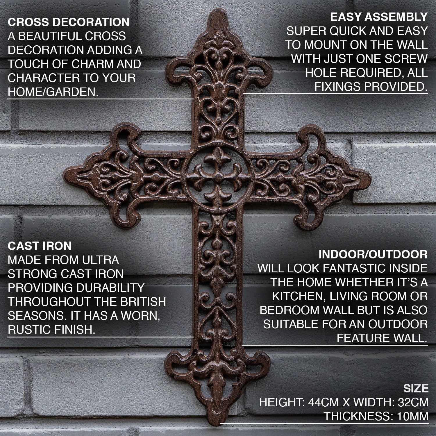 Woodside Cast Iron Home/Garden Cross Wall Mounted Decoration, Indoor/Outdoor