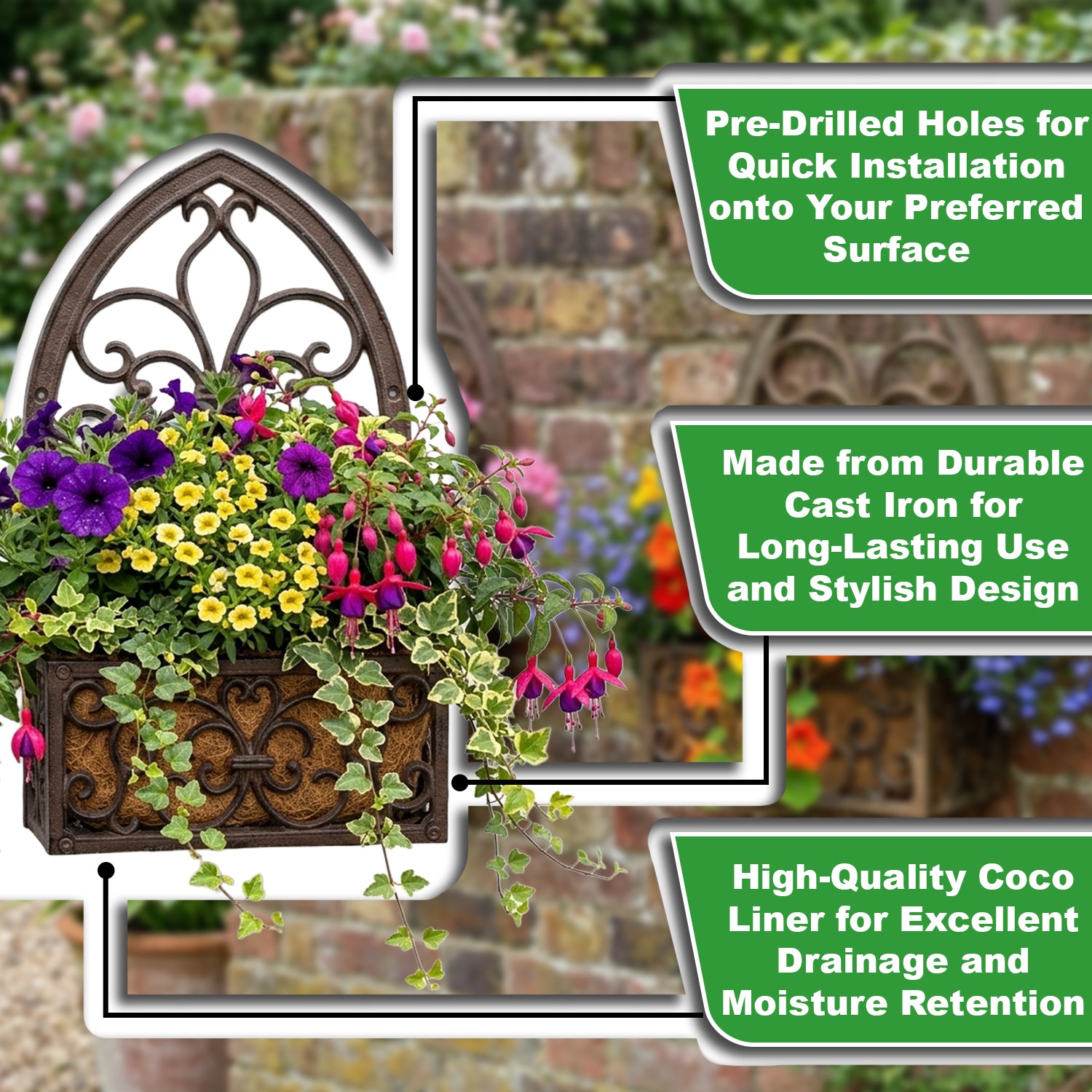 Woodside Cast Iron Wall Mounted Hanging Garden Planter Basket with Coco Liner