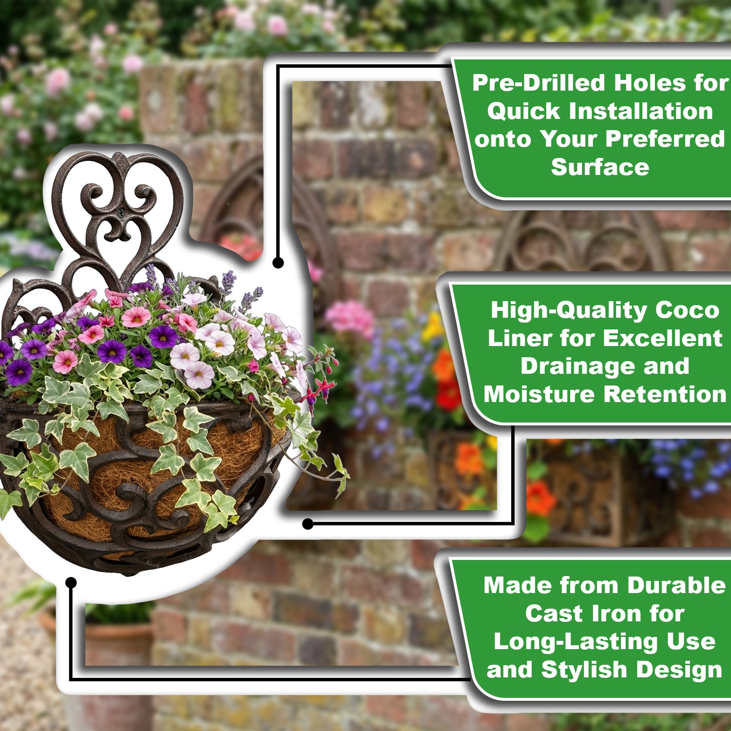 Woodside Cast Iron Wall Mounted Hanging Garden Planter Basket with Coco Liner