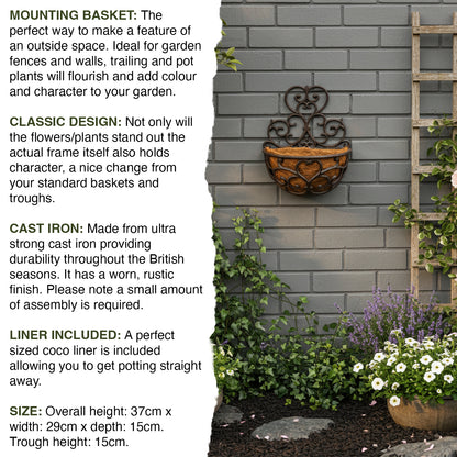 Woodside Cast Iron Wall Mounted Hanging Garden Planter Basket with Coco Liner