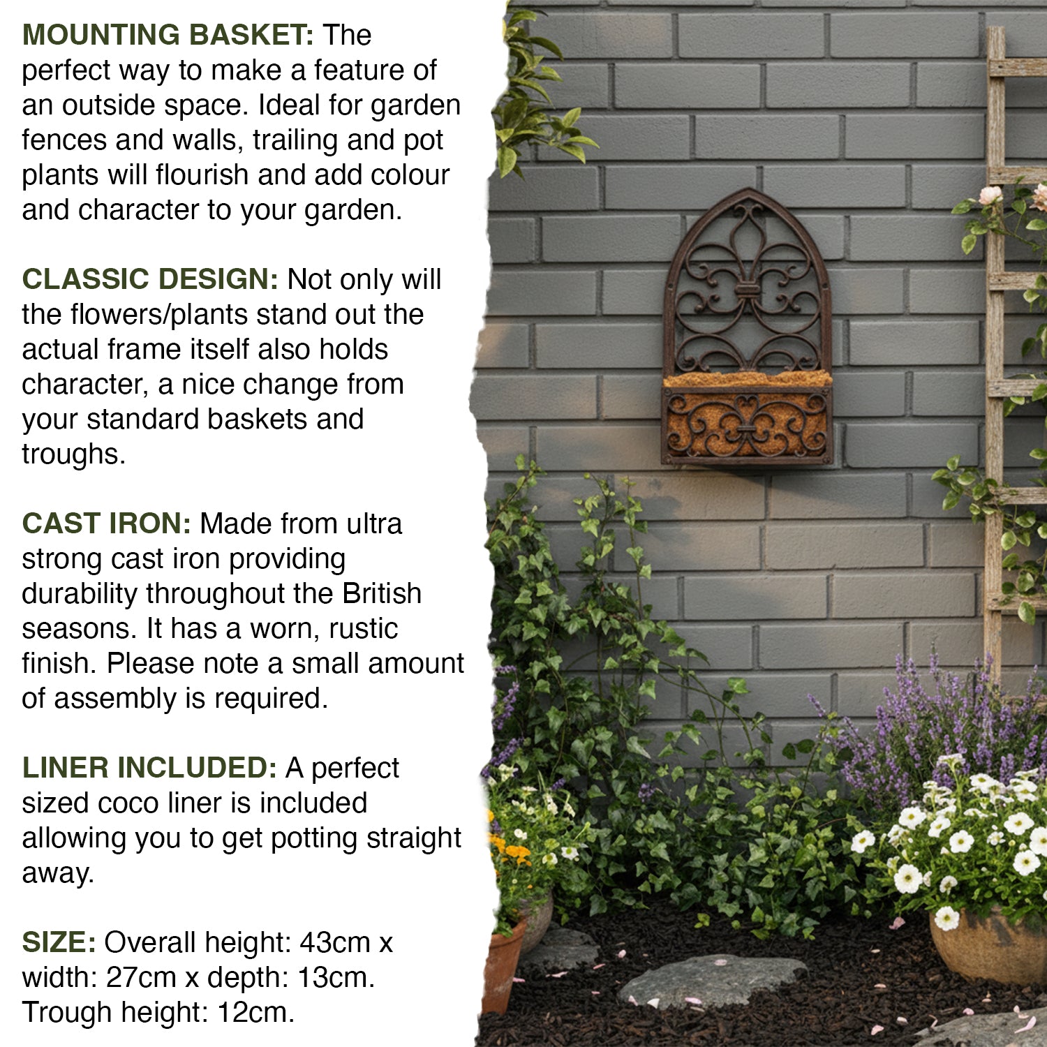 Woodside Cast Iron Wall Mounted Hanging Garden Planter Basket with Coco Liner