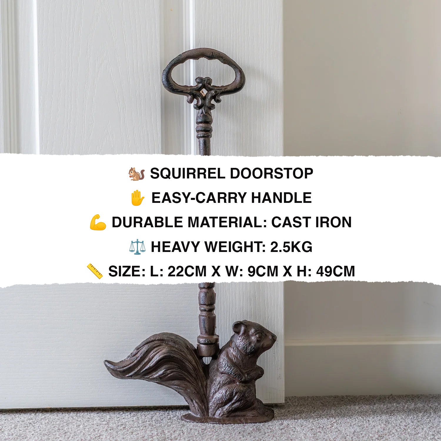Woodside Heavy Duty Cast Iron Decorative Squirrel Shaped Door Stop, Doorstopper/Jammer