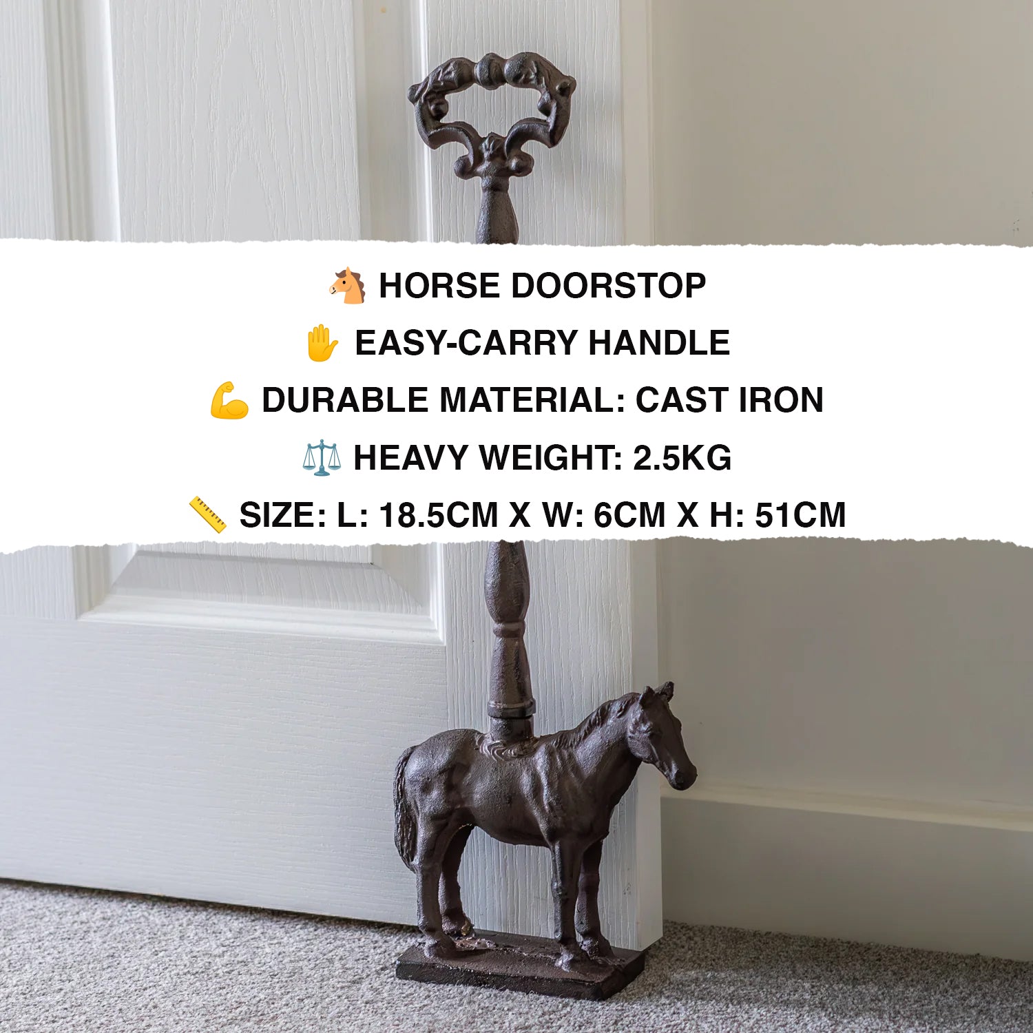 Woodside Heavy Duty Cast Iron Decorative Horse Shaped Door Stop with Handle, Doorstopper/Jammer