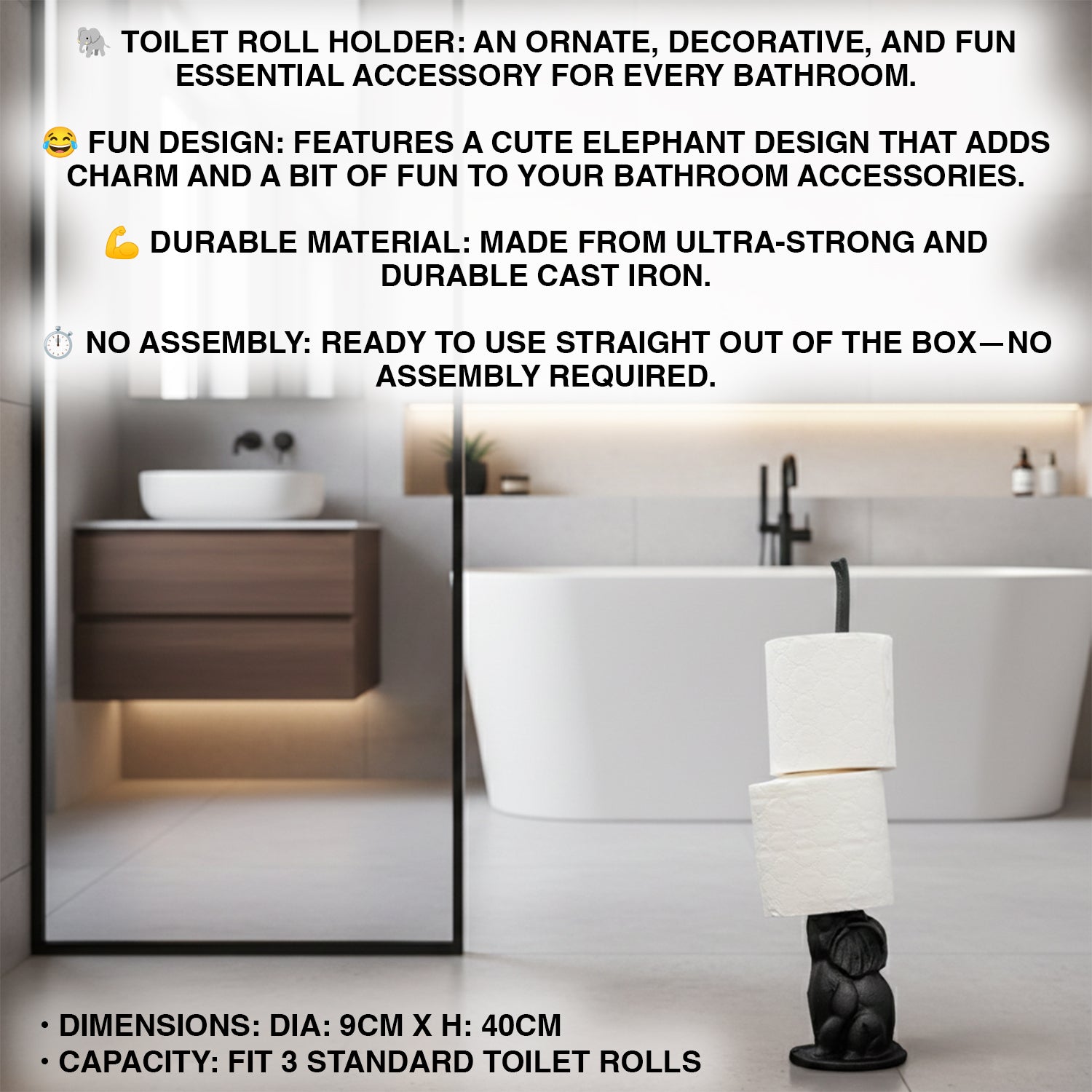 Woodside Cast Iron Elephant Free Standing Bathroom Toilet Paper/Loo Roll Stand