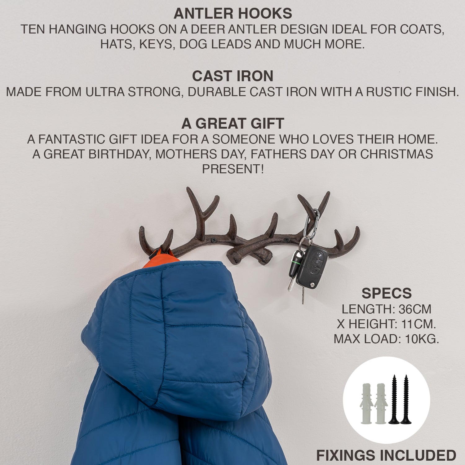 Woodside 10 Hook Cast Iron Wall Mounted Deer Antler Coat Hooks/Key Hanger Rack