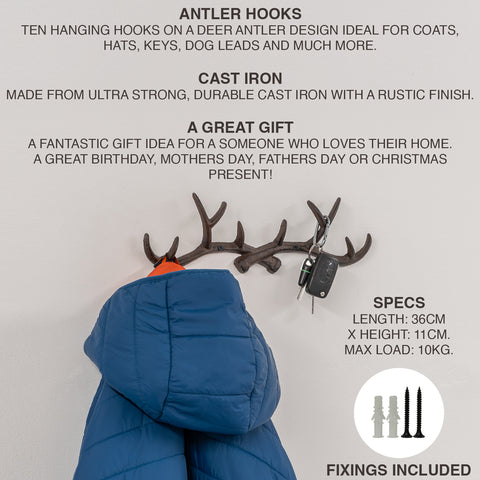 Woodside 10 Hook Cast Iron Wall Mounted Deer Antler Coat Hooks/Key Hanger Rack