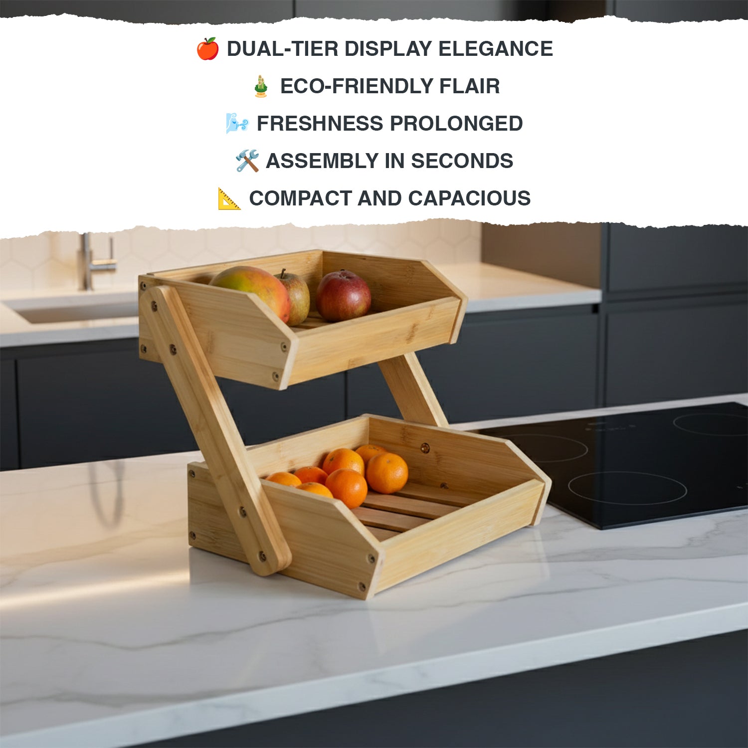 Woodside 2-Tier Bamboo Kitchen Fruit & Veg Rack Holder Wooden Storage Stand