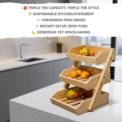 Woodside 3 Tier Bamboo Fruit Basket Bowl Holder