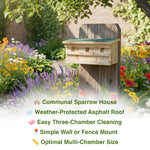 Communal sparrow house with weather-protected roof in a garden setting