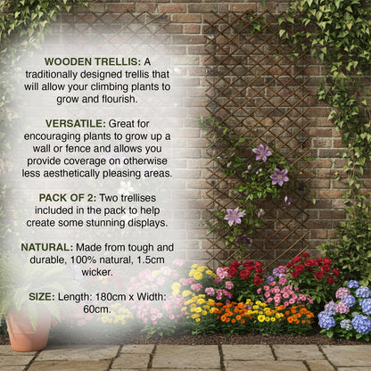 Woodside 1.8m x 60cm Wooden Wicker Garden Trellis, Climbing Plant Support 2 Pack