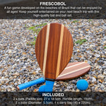 Frescobol bat and ball set on a pebbly surface with promotional text.