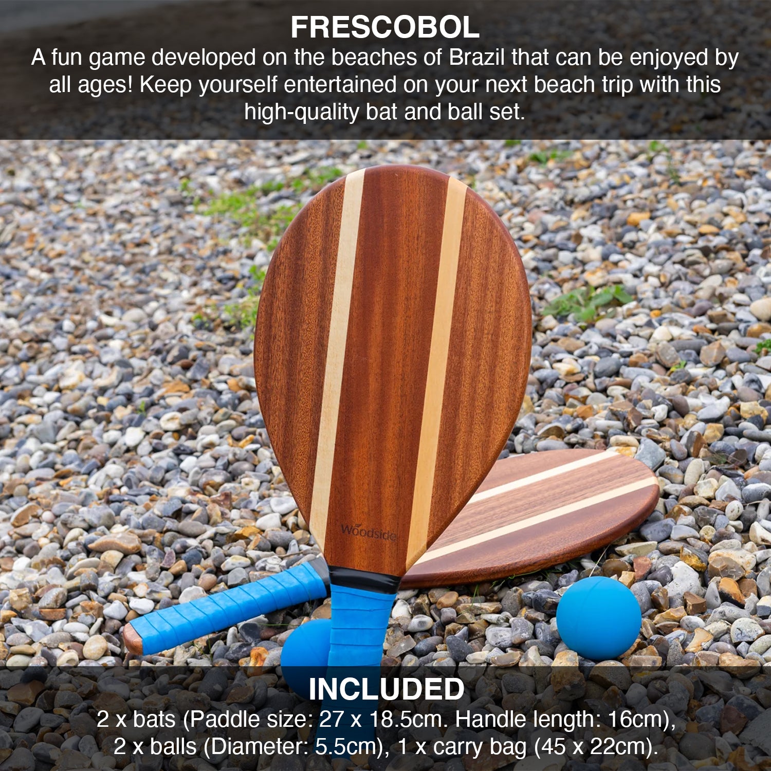 Frescobol bat and ball set on a pebbly surface with promotional text.