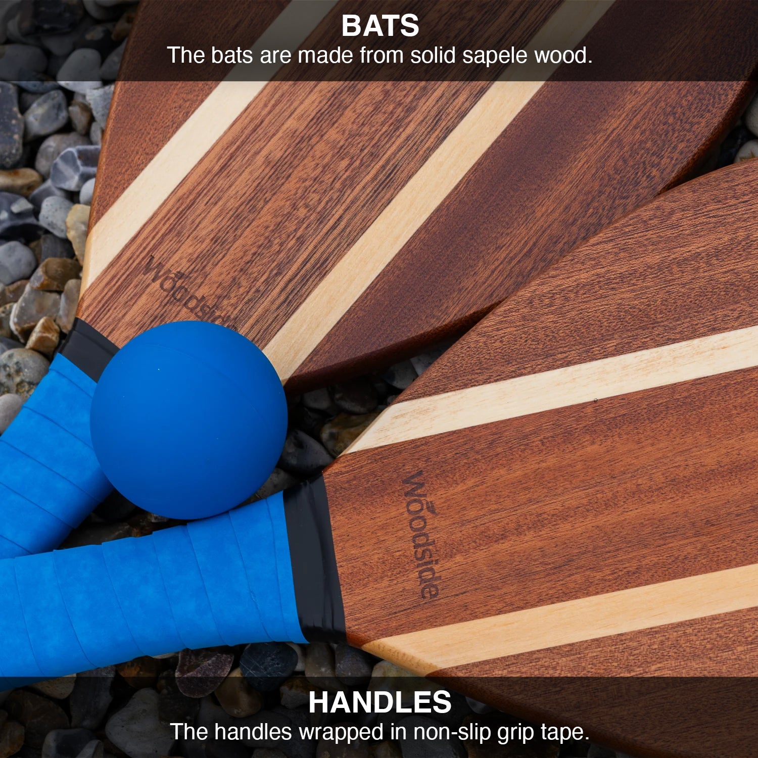 Wooden bats with blue handles on a gravel surface, featuring text about material and design.