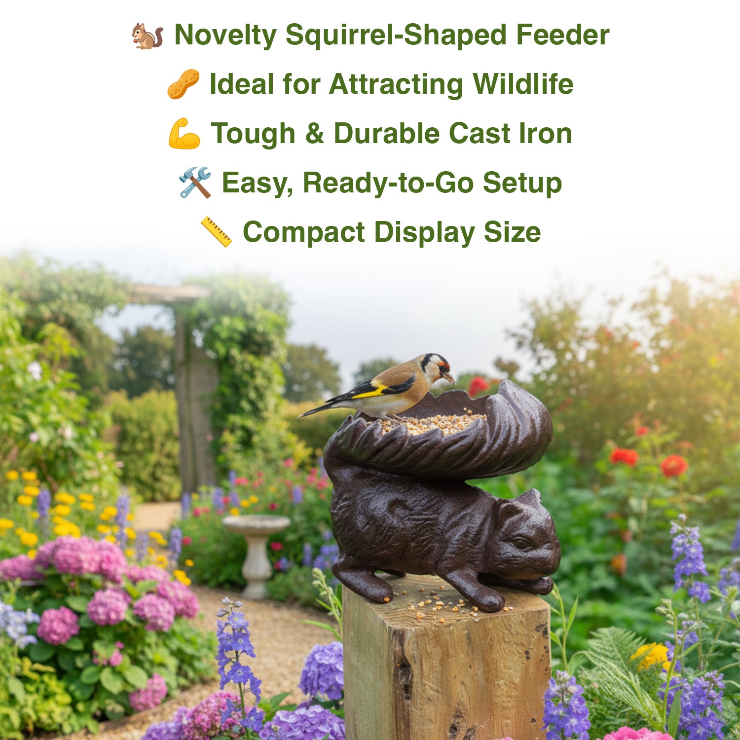 Squirrel-shaped bird feeder with a bird on top in a garden setting