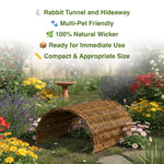 Rabbit tunnel and hideaway in a garden setting with flowers and a bird bath.