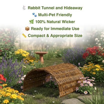 Rabbit tunnel and hideaway in a garden setting with flowers and a bird bath.