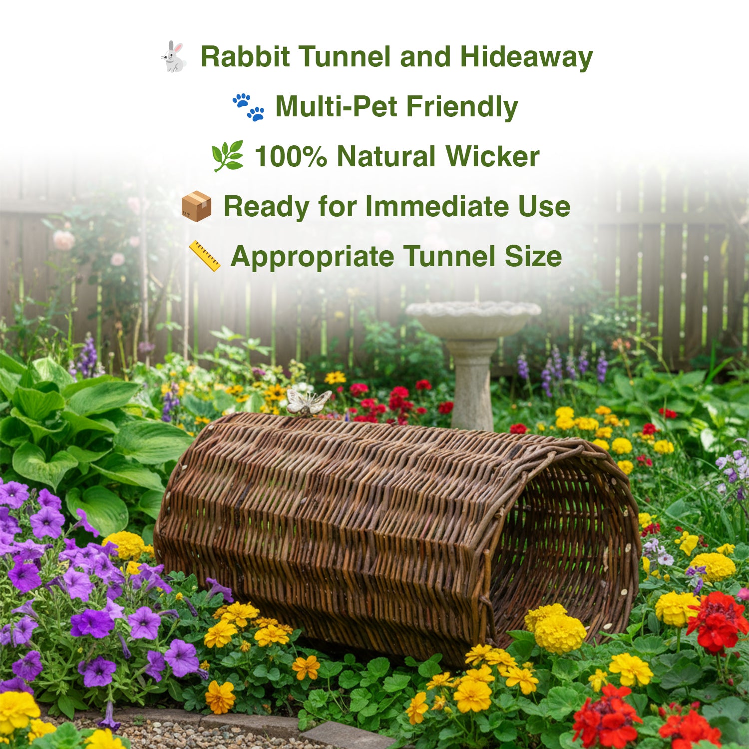 Rabbit tunnel and hideaway in a garden setting with flowers and a fountain.