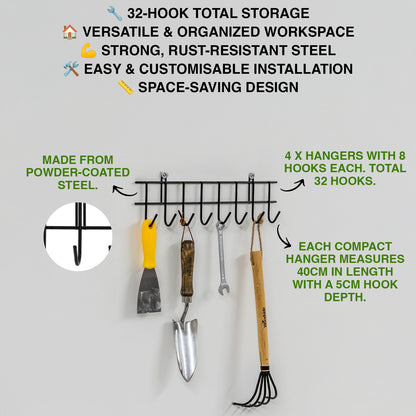Woodside Wall Mounted Hand Garden Tool Organiser Hanger Racks - 4 PACK, 32 Hooks