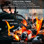 Log and coal tongs being used to handle burning logs and coals with text describing their features.