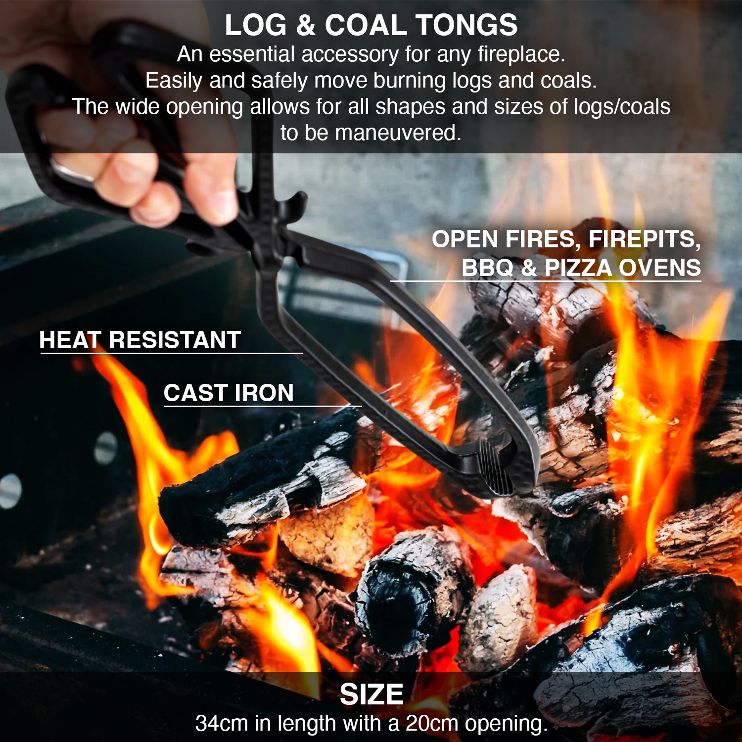 Log and coal tongs being used to handle burning logs and coals with text describing their features.