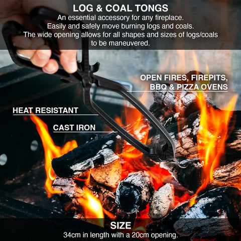 Log and coal tongs being used to handle burning logs and coals with text describing their features.