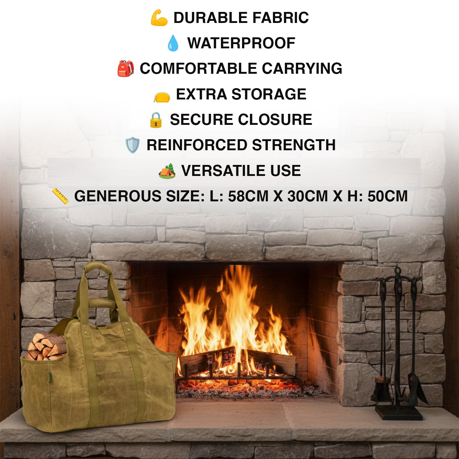 Woodside Firewood Log Carrier Bag, Heavy Duty Waterproof Waxed Canvas with Padded Handles & Pocket