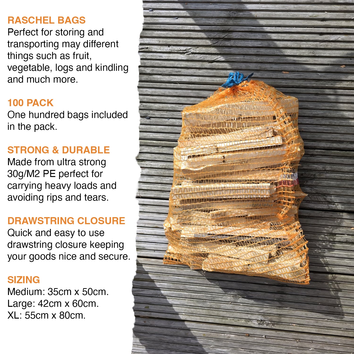 Woodside Orange Mesh Raschel Bags, Net Sacks for Fruit/Veg/Kindling Wood x 100