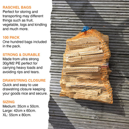 Woodside Orange Mesh Raschel Bags, Net Sacks for Fruit/Veg/Kindling Wood x 100