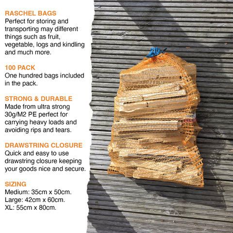Woodside Orange Mesh Raschel Bags, Net Sacks for Fruit/Veg/Kindling Wood x 100