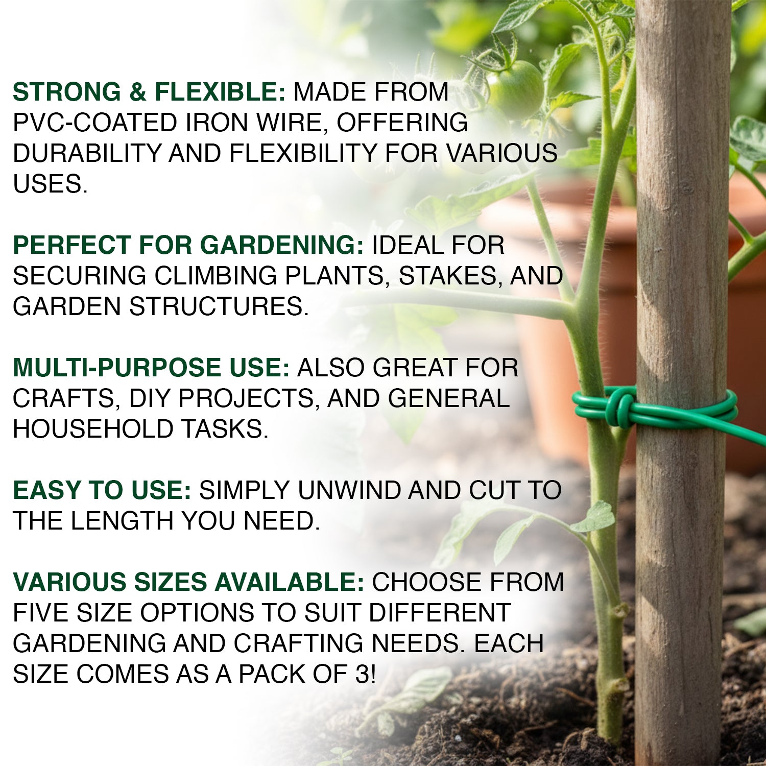 Woodside Flexible Garden Plant Twist Tie, PVC Coated Craft Iron Wire – 3 Pack