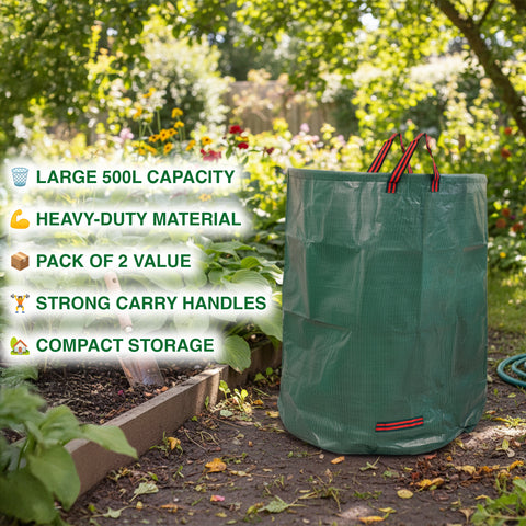 Woodside 2 x 500L Heavy Duty Garden Waste Bags, Reusable Strong Outdoor Refuse Sacks