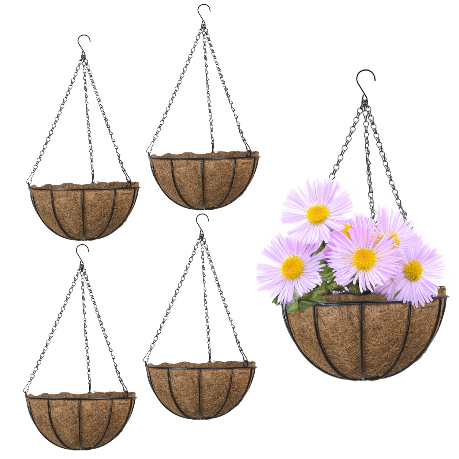 Woodside 30cm Hanging Basket with Coco Liner – 4 Pack Durable Powder Coated Steel Garden Flower Planters