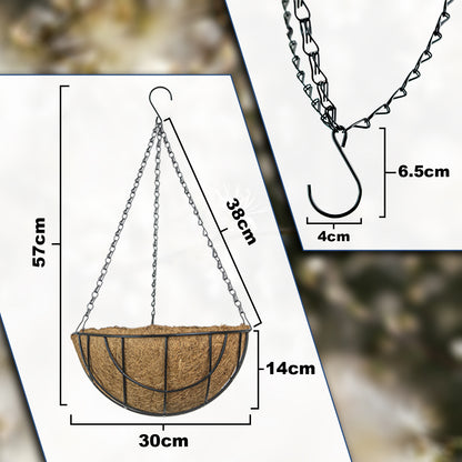 Woodside 30cm Hooped Hanging Basket with Coco Liner – 4 Pack Durable Powder Coated Steel Garden Flower Planters