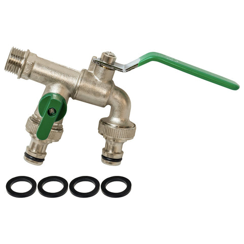 Woodside Brass Nickelplated Â½â€ Double Outlet Garden Tap, 2 x Â¾â€ Hose Connectors