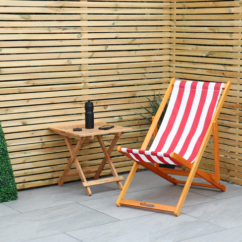 Woodside Traditional Folding Beach/Garden Wooden Deck Chair Seaside Lounger Red & White x 2