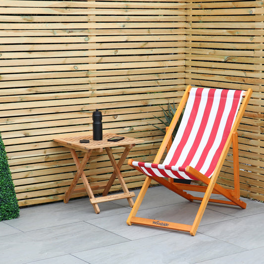 Woodside Traditional Folding Beach/Garden Wooden Deck Chair Seaside Lounger Red & White x 2