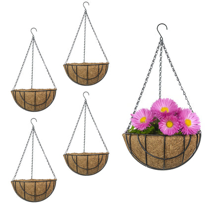 Woodside 30cm Hooped Hanging Basket with Coco Liner – 4 Pack Durable Powder Coated Steel Garden Flower Planters