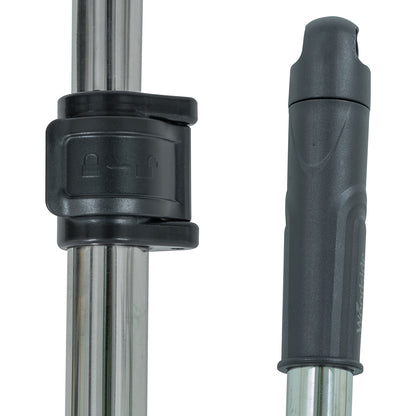 Close-up of a black and silver telescopic pole on a white background