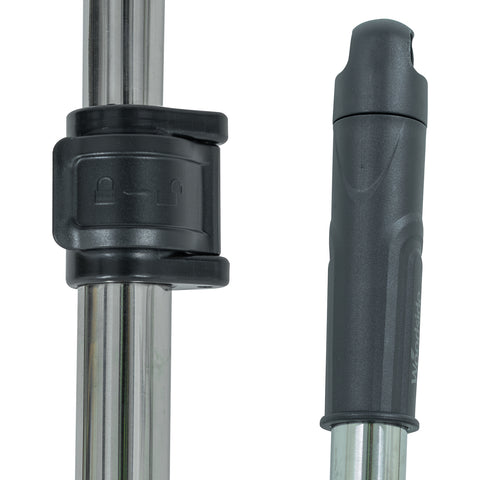 Close-up of a black and silver telescopic pole on a white background