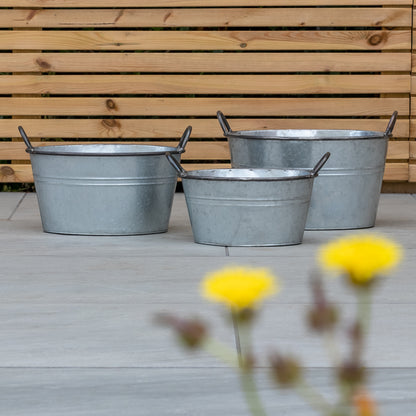 Woodside Vintage Galvanised Steel Garden & Home Flower Planter Tubs, Pack of 3