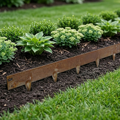 Woodside 5m Steel Lawn Border Edging - Set Rust Finish – Flexible Rustic Garden Border with Spikes