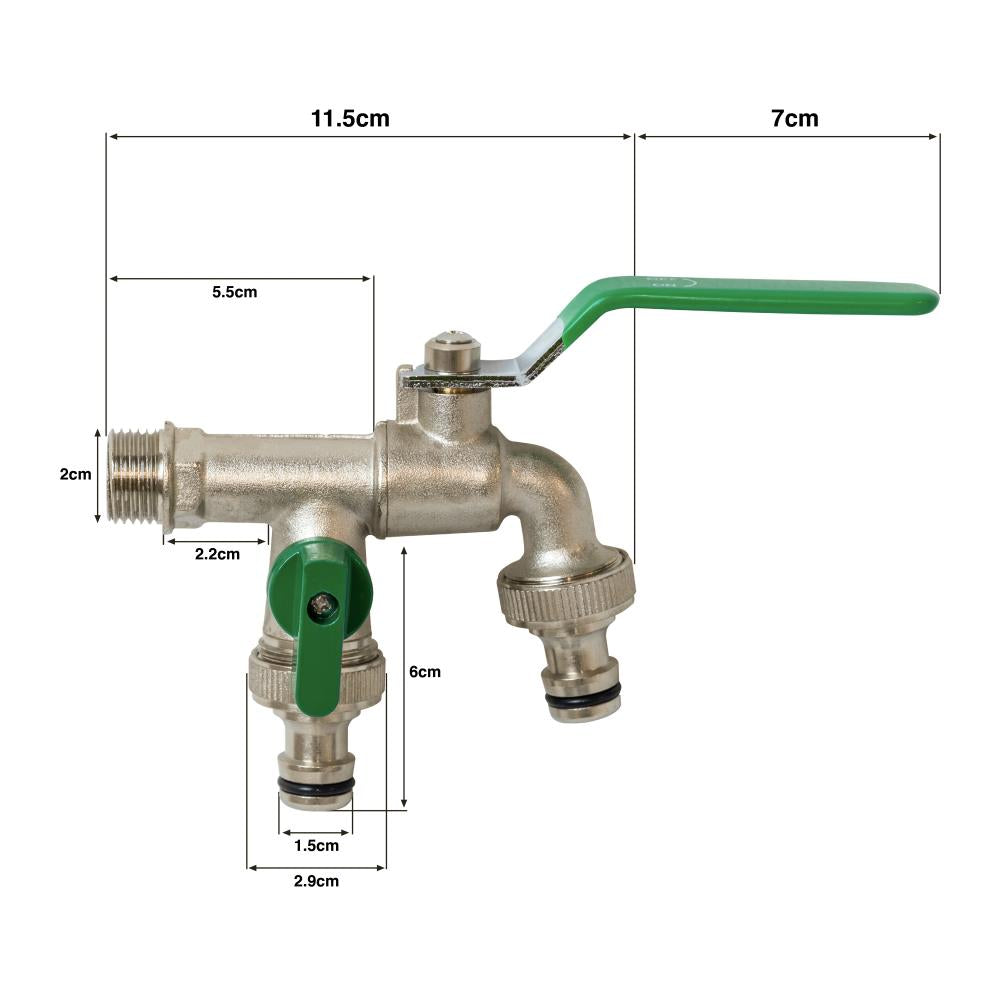 Woodside Brass Nickelplated Â½â€ Double Outlet Garden Tap, 2 x Â¾â€ Hose Connectors