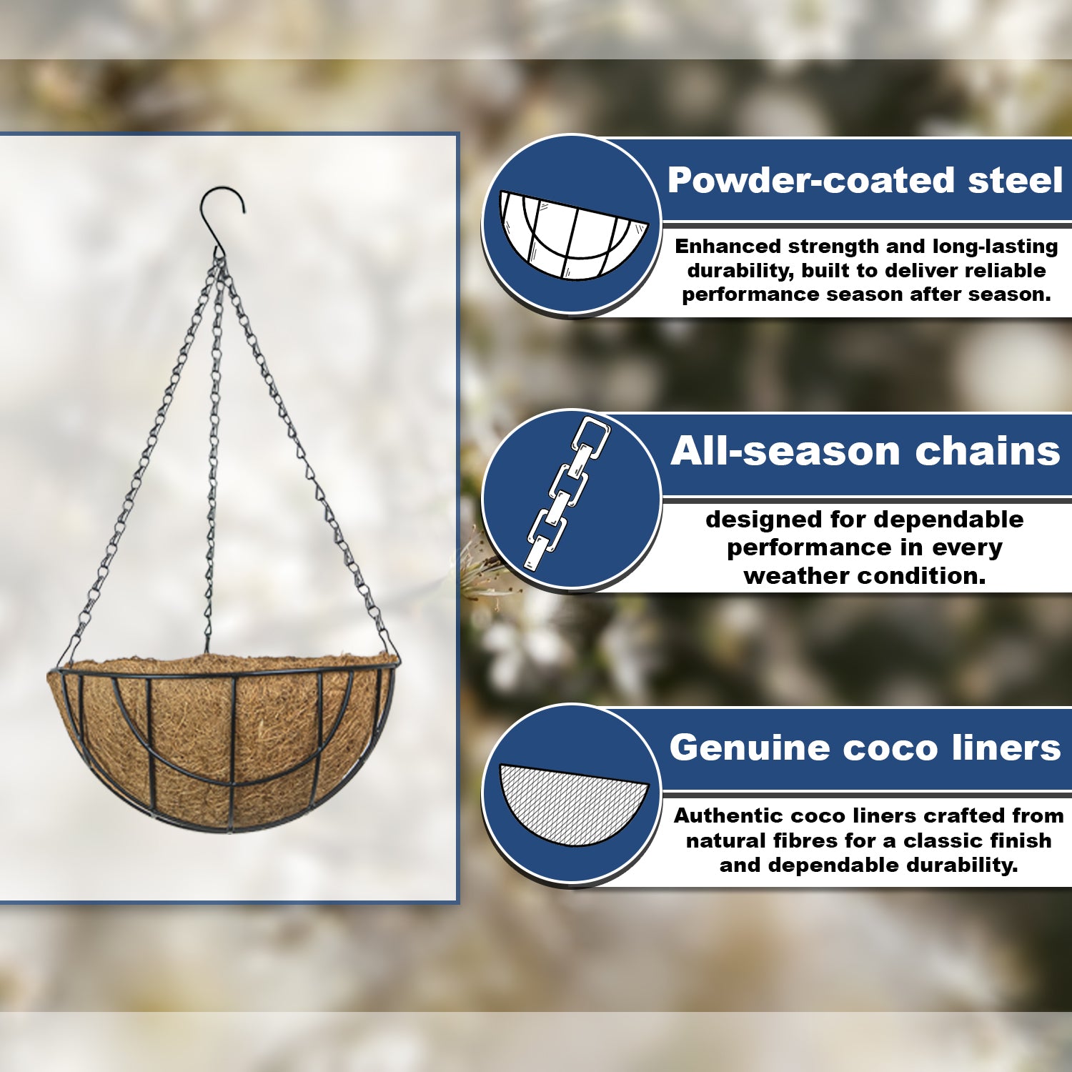 Woodside 30cm Hooped Hanging Basket with Coco Liner – 4 Pack Durable Powder Coated Steel Garden Flower Planters