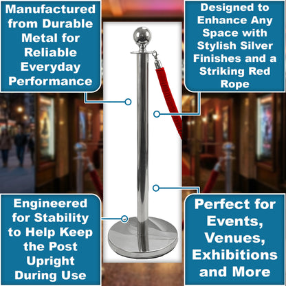 Hausen Silver Crowd Control Barrier System 4 Pack – Queue Management Posts with 3 Ropes - 4.5m Total Length